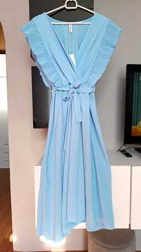 Nowa błękitna sukienka asymetryczna z falbanami przy rękawach zwiewna