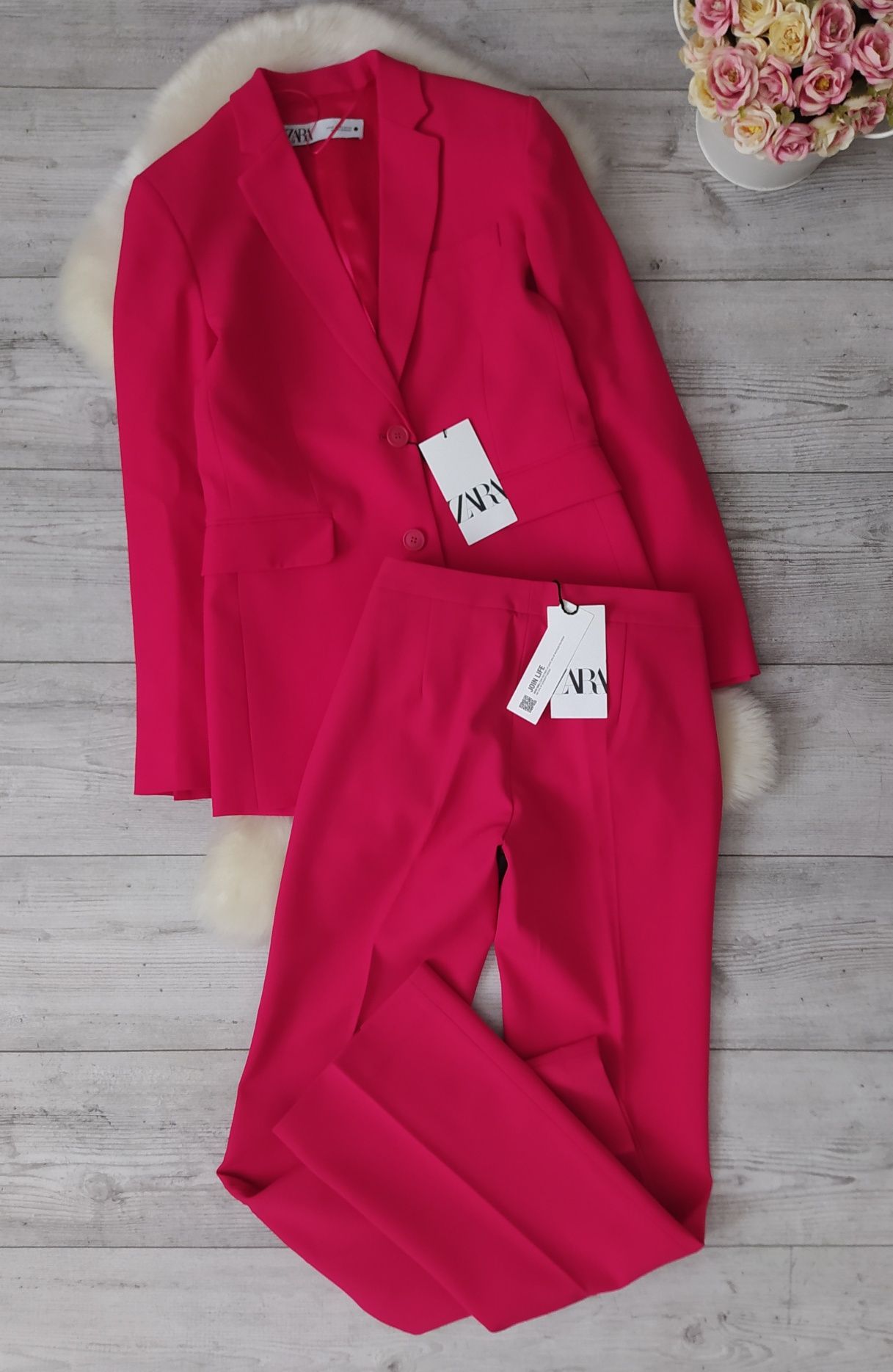 Garnitur Zara marynarka + spodnie flare fuksja XS 34