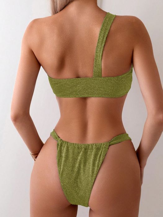 Strój Kąpielowy Dwuczęściowy Bikini Na Jedno Ramię Metaliczny Shein L