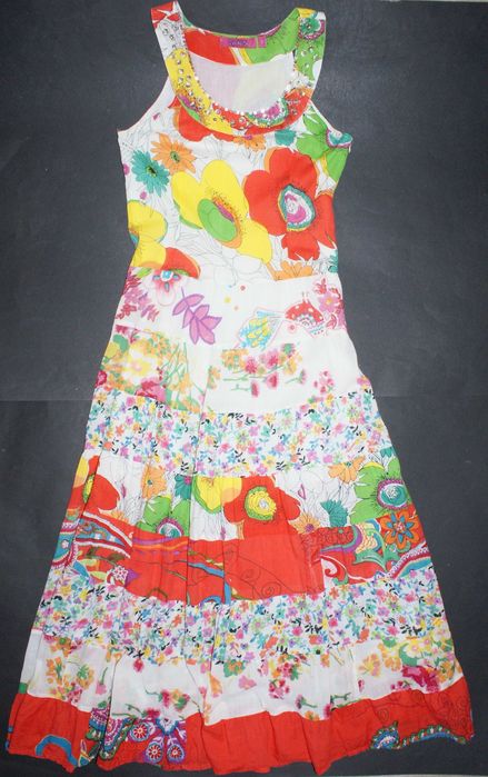 JANIS_Piękna Sukienka_biała kolorowe kwiaty falbany bawełna BOHO_M/38