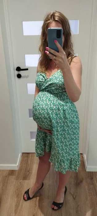 Ciążowa zielona sukienka w kwiatki M