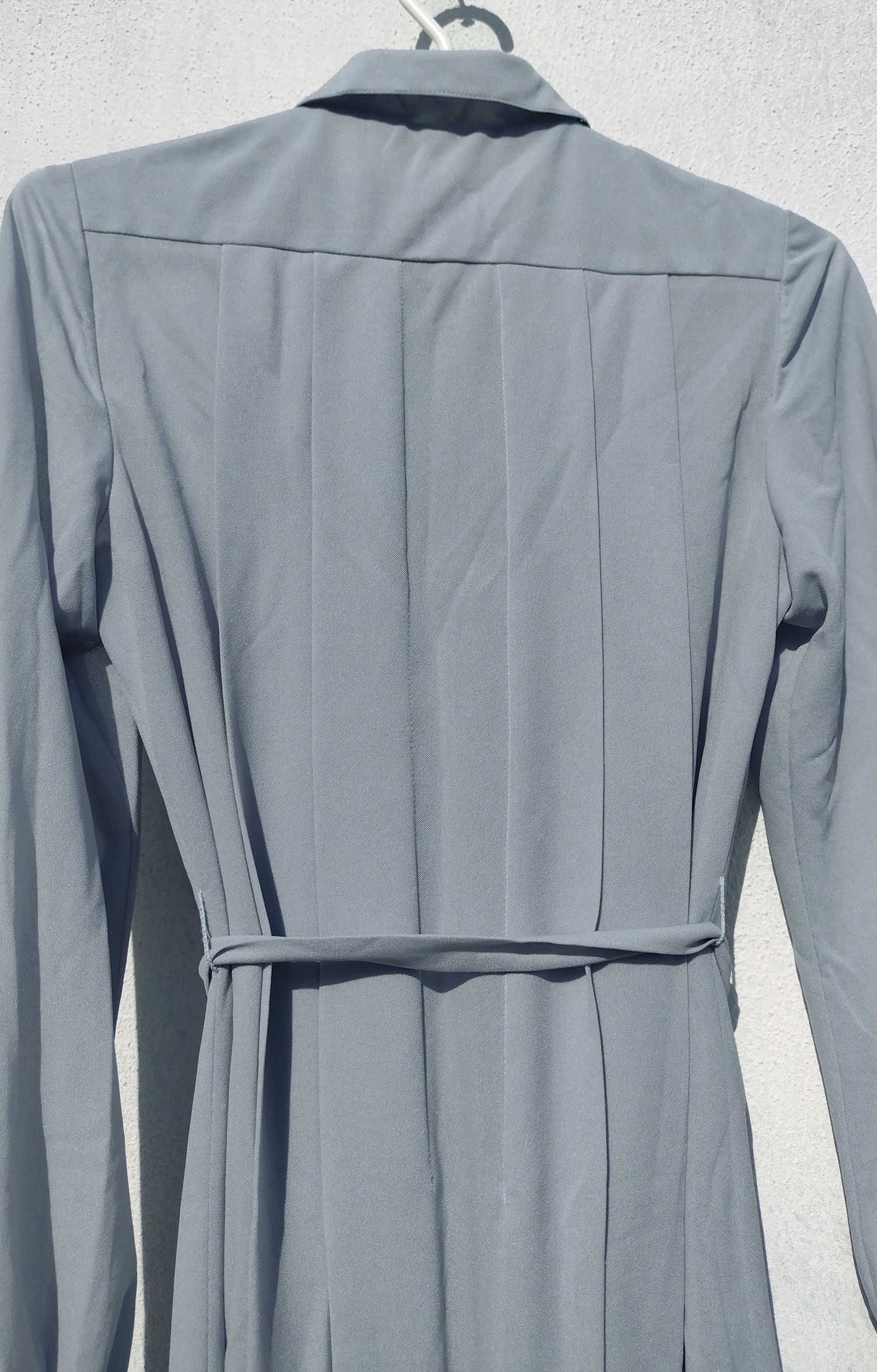 Винтажное светло голубое серое платье рубашка с поясом M L