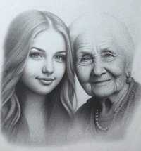 Portret  a4 ołówek babci i wnuczki na prezent, szkic, rysunki obrazki