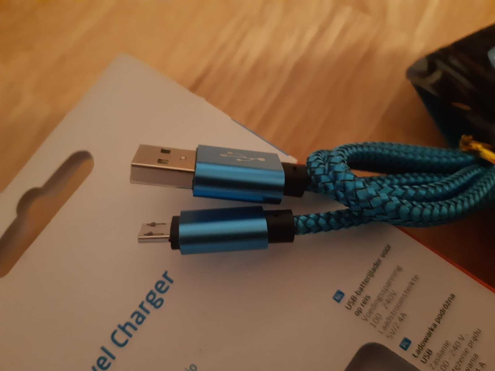 Nowa Ładowarka USB 2,4A + Kabel Micro USB 2.4A Niebieski materiałowy
