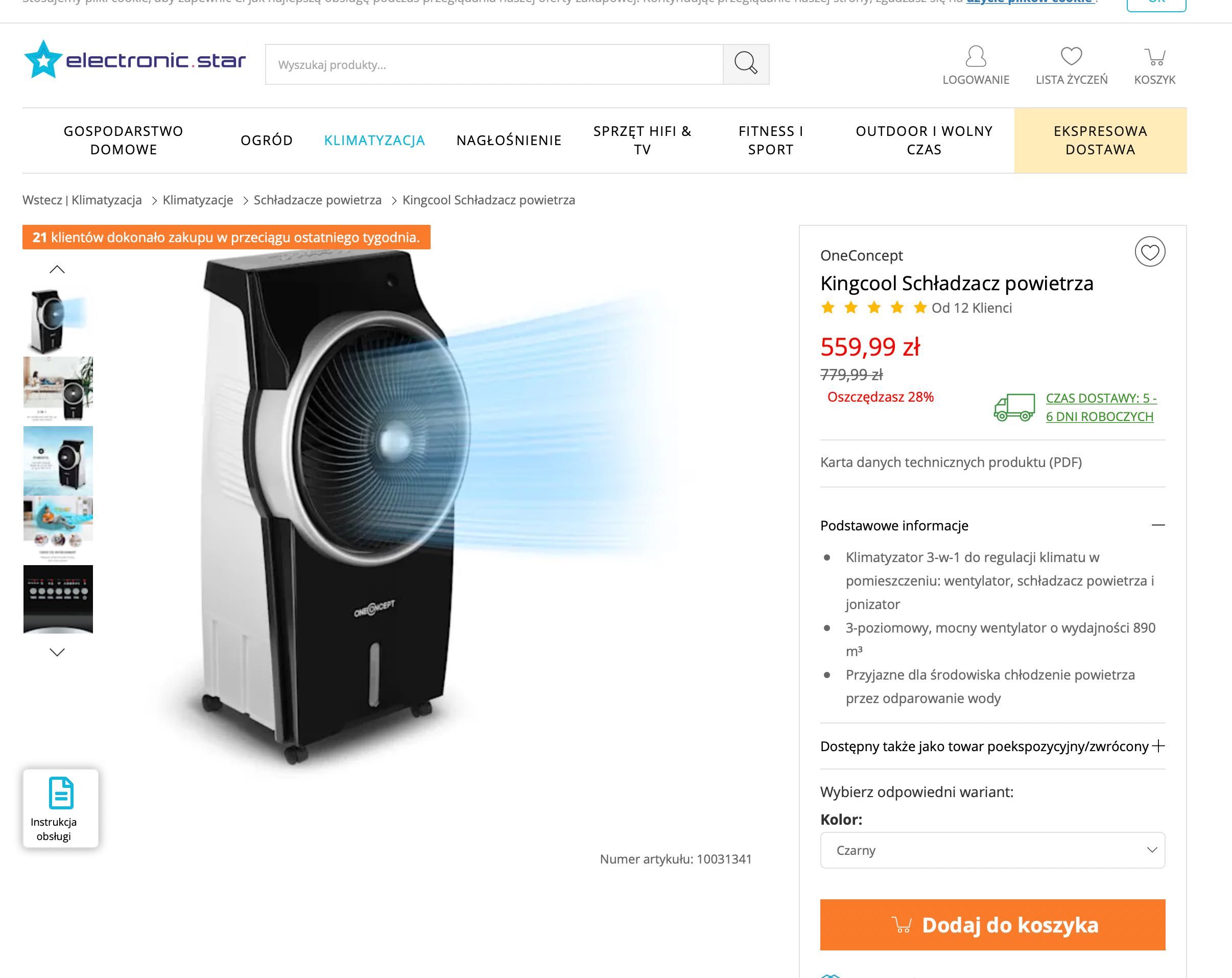 OneConcept Kingcool Jonizator Powietrza Klimator NOWY - 40% ceny!