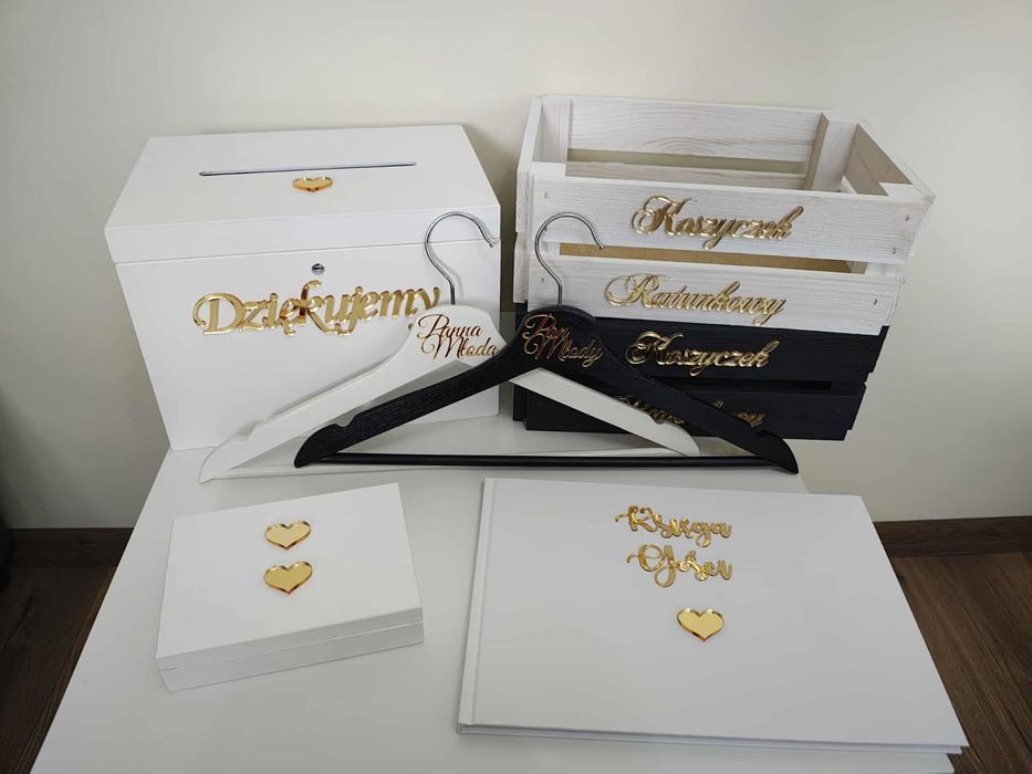 Nowy zestaw ślubny pudełko na obrączki koperty wieszaki koszyki księga