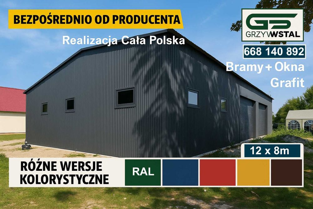 Duża Hala Grafitowa Garaż blaszany Grafit + Brama Garażowa – GRZYWSTAL