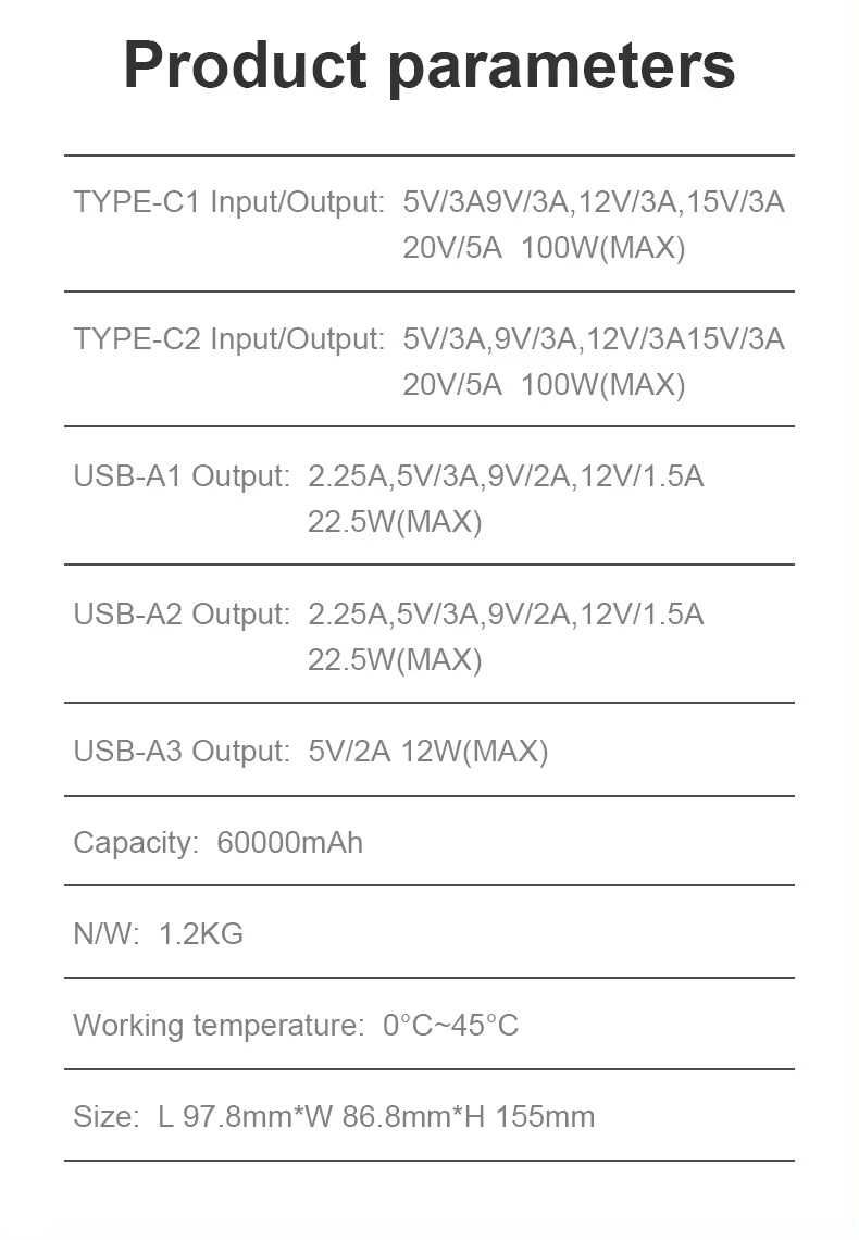 Повербанк для ноутбуків, зарядна станція 60000 mAh 100W PD+QC Black