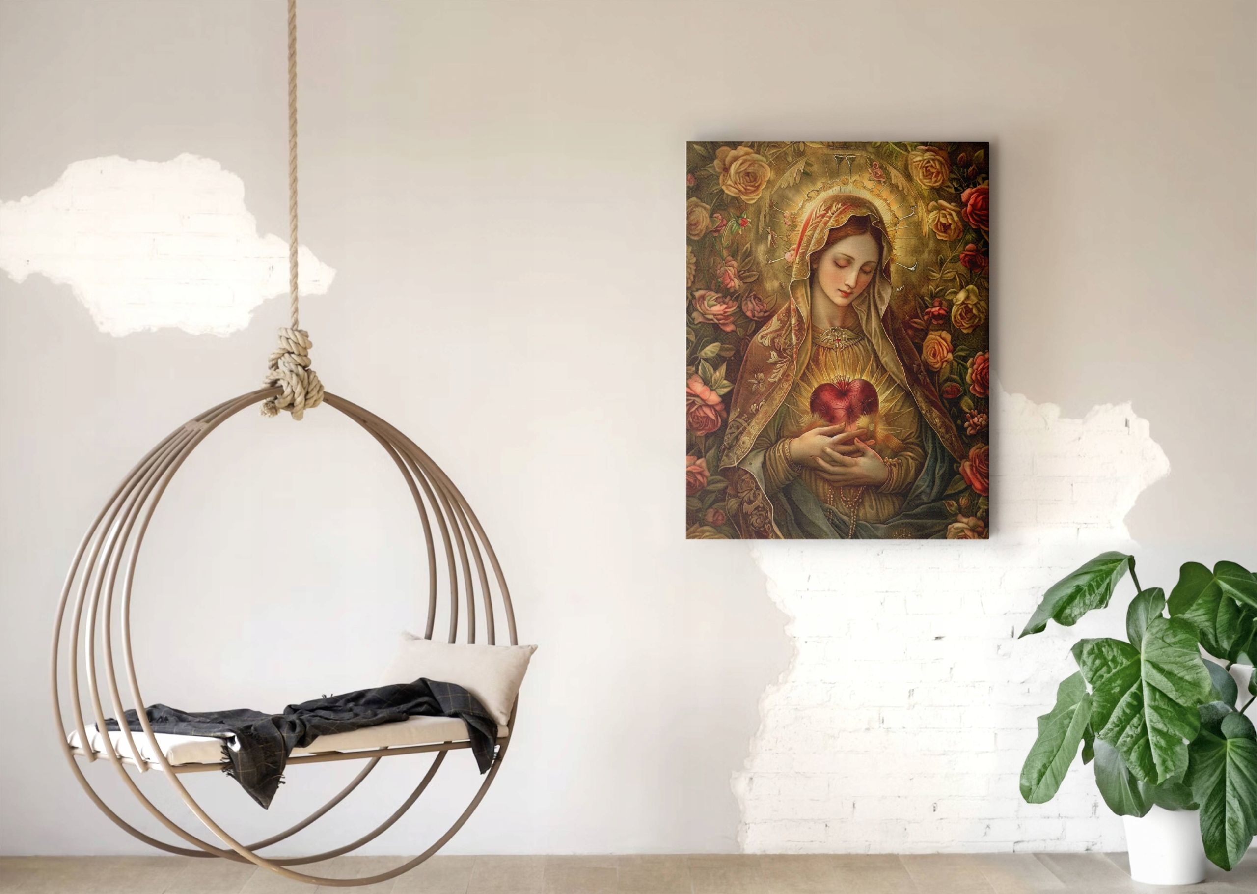 Obraz na płótnie "Serce Maryi w Otoczeniu Kwiatów", 30x40 cm