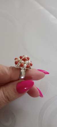 Piękny stary pierścionek srebro perły koral