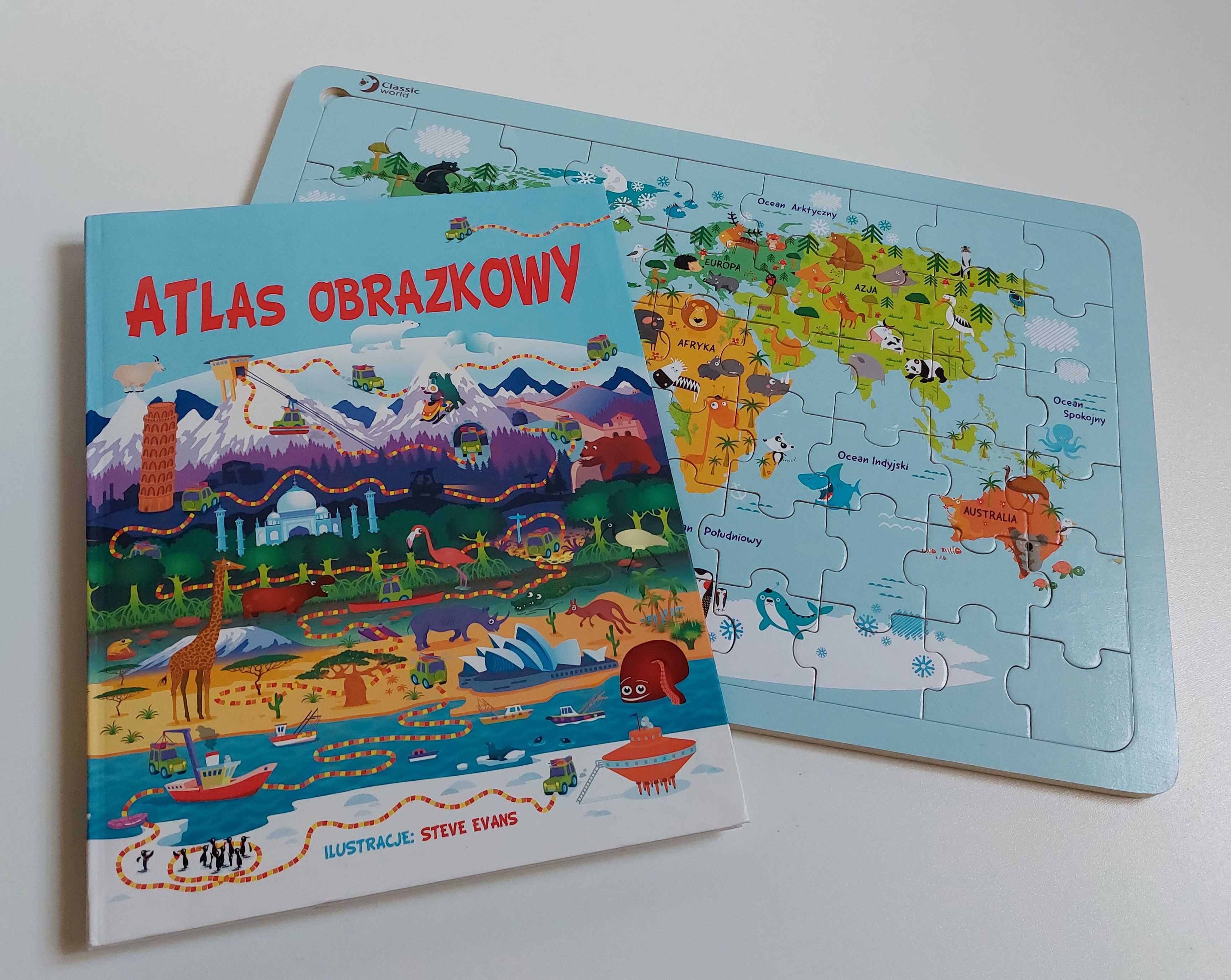 Zestaw Puzzle Mapa Świata Classic World + Atlas Obrazkowy Steve Evans