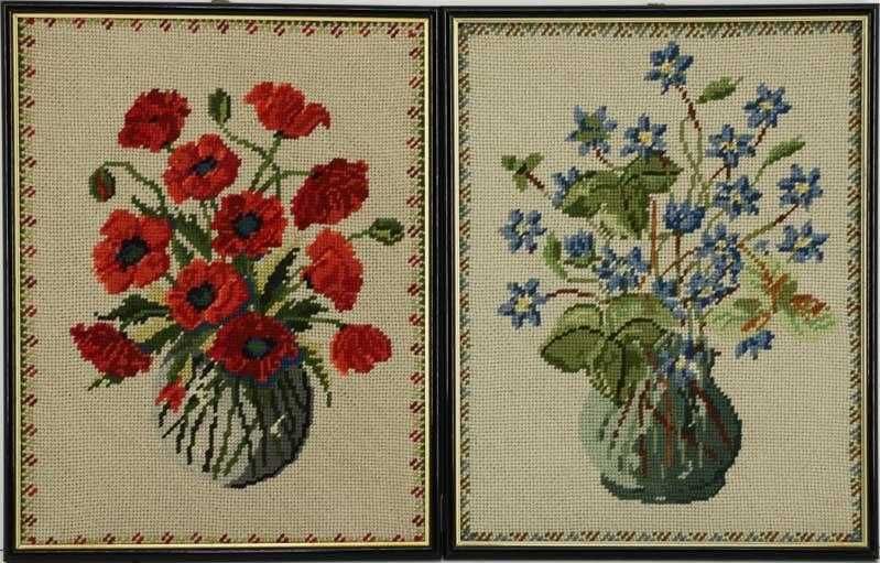 Flores bordadas a" petit point" -Par de quadros