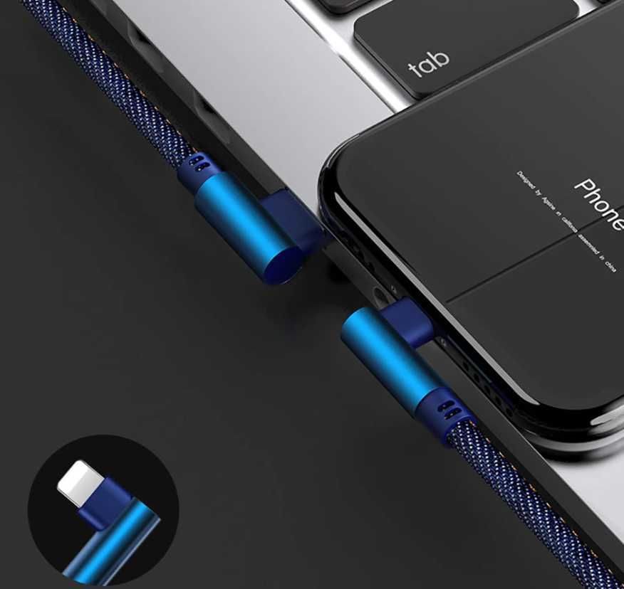 Mocny kabel usb-c typ-c kątowy przewód szybkie ładowanie 1m 90°