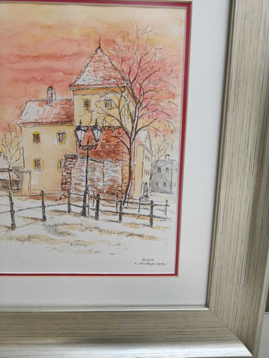 Obraz dom wśród drzew 43x49 cm akwarela