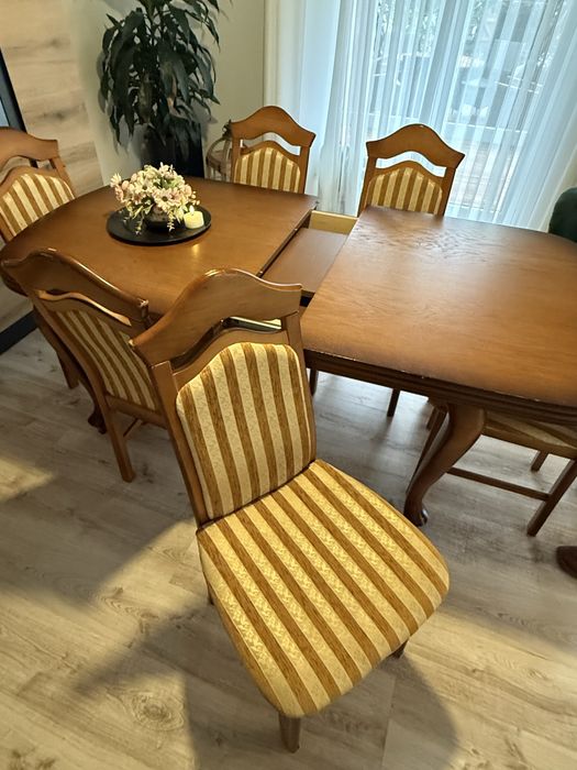 Drewniany stół rozkładany + 6 krzeseł – solidny komplet jadalniany