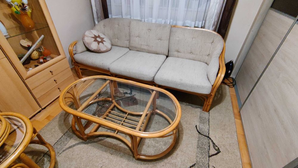 Meble rattanowe zestaw kanapa 3 osobowa, 2 fotele, ława kawowa, barek