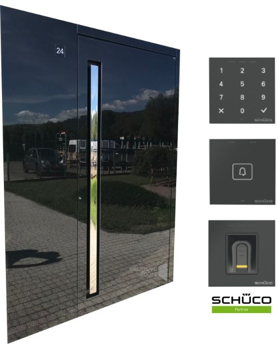 Aluminiowe drzwi wejściowe Schüco Design Edition (czarne szkło)