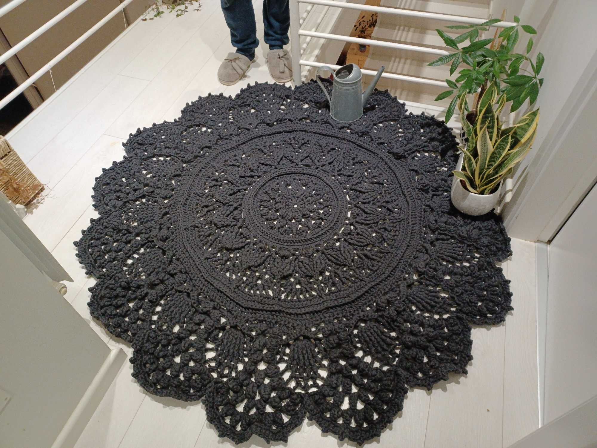 tapete-mandala crochet-relevo trapilho algodão cinzento-azul 1,65m