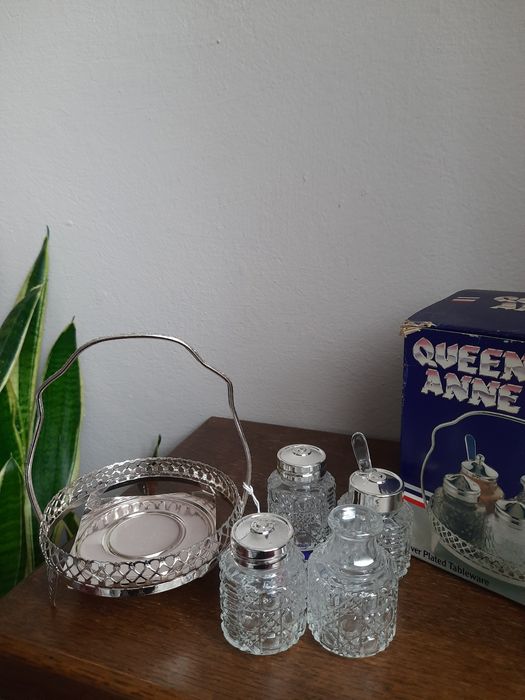 Anglia posrebrzany zestaw stołowy Queen Anne vintage soniczka pieprzni