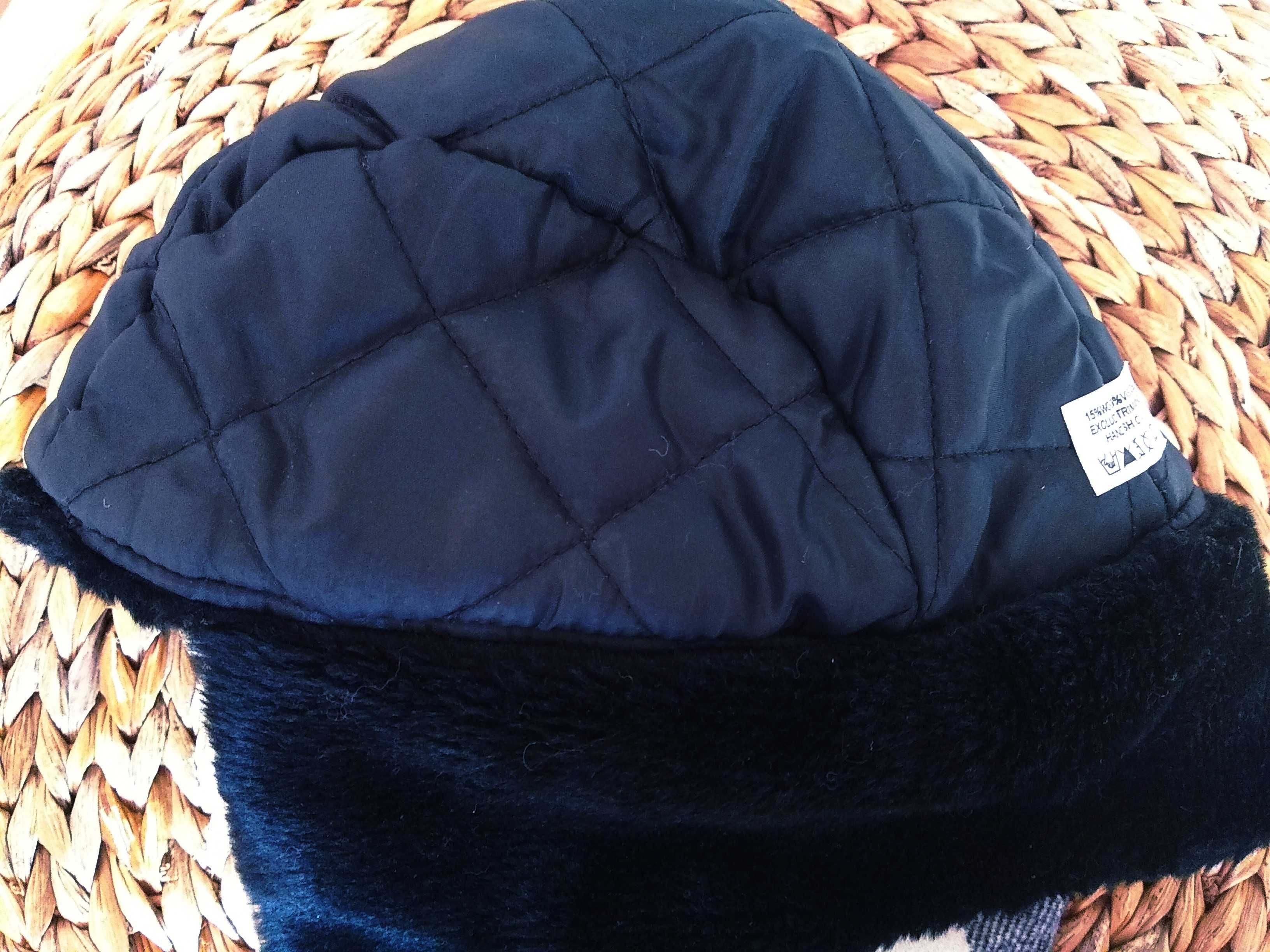 Zimowa czapka typu uszatka ze sztucznym futerkiem, 15% Wełna, Roz. M-L