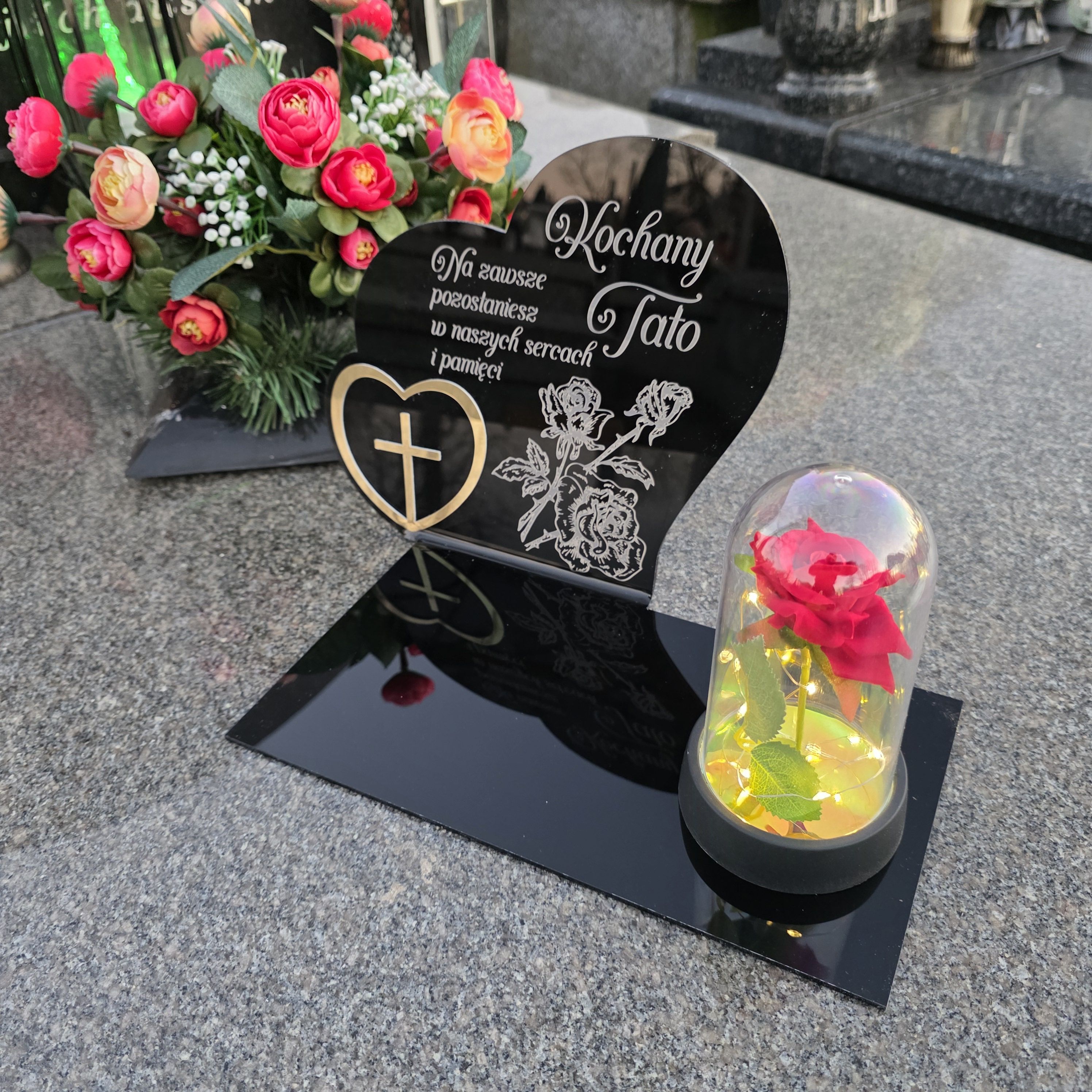 Znicz dla Taty dekoracja na grób grawer podstawka na cmentarz róża