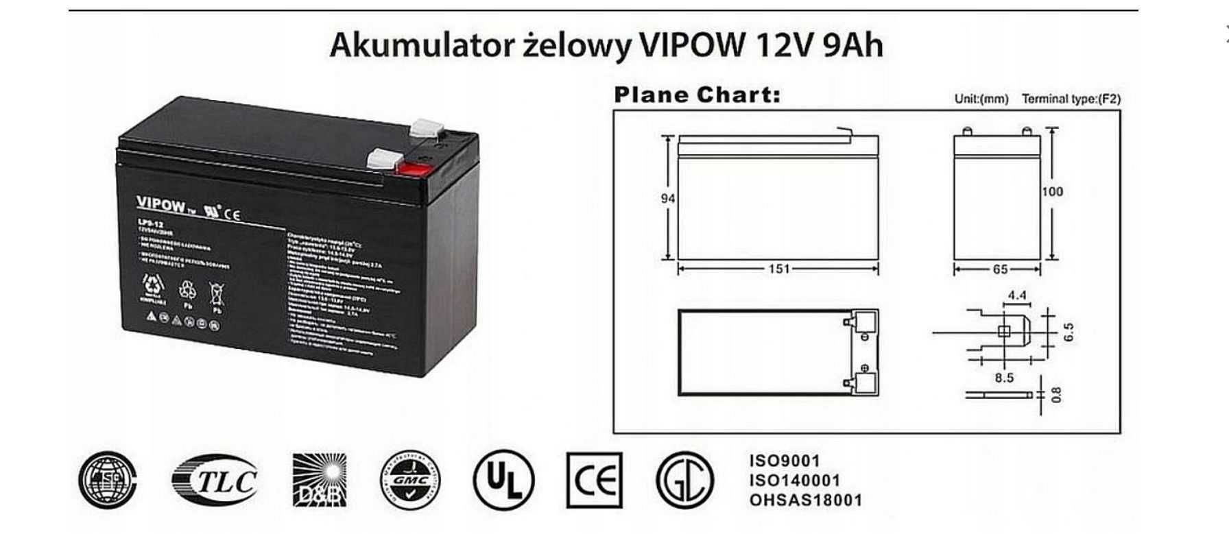 Akumulator żelowy Vipow 12V 9Ah