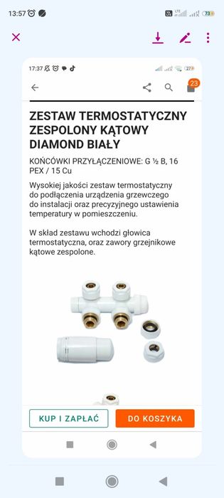 Zawór do grzejnika zespolony kątowy biały DIMOND B