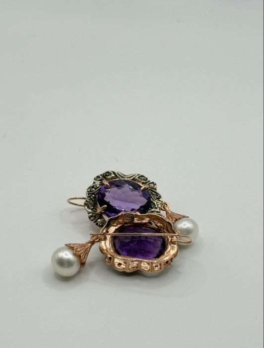 Brincos em ouro rosa 9 K e prata 925 com Ametista e Diamantes naturais