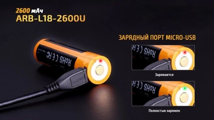 Акумулятор Fenix 18650 (2600 mAh) micro usb зарядка ARB-L18-2600U