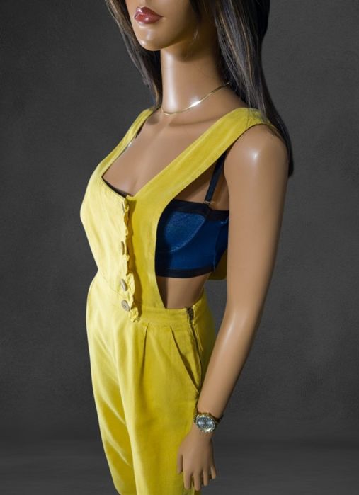 Lniany casualowy kombinezon wide leg cytrynowy  53% len zara xs/s