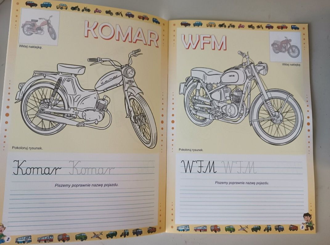 Książka dla dzieci kolorowanka naklejki WSK Wfm komar fiat żuk pojazdy