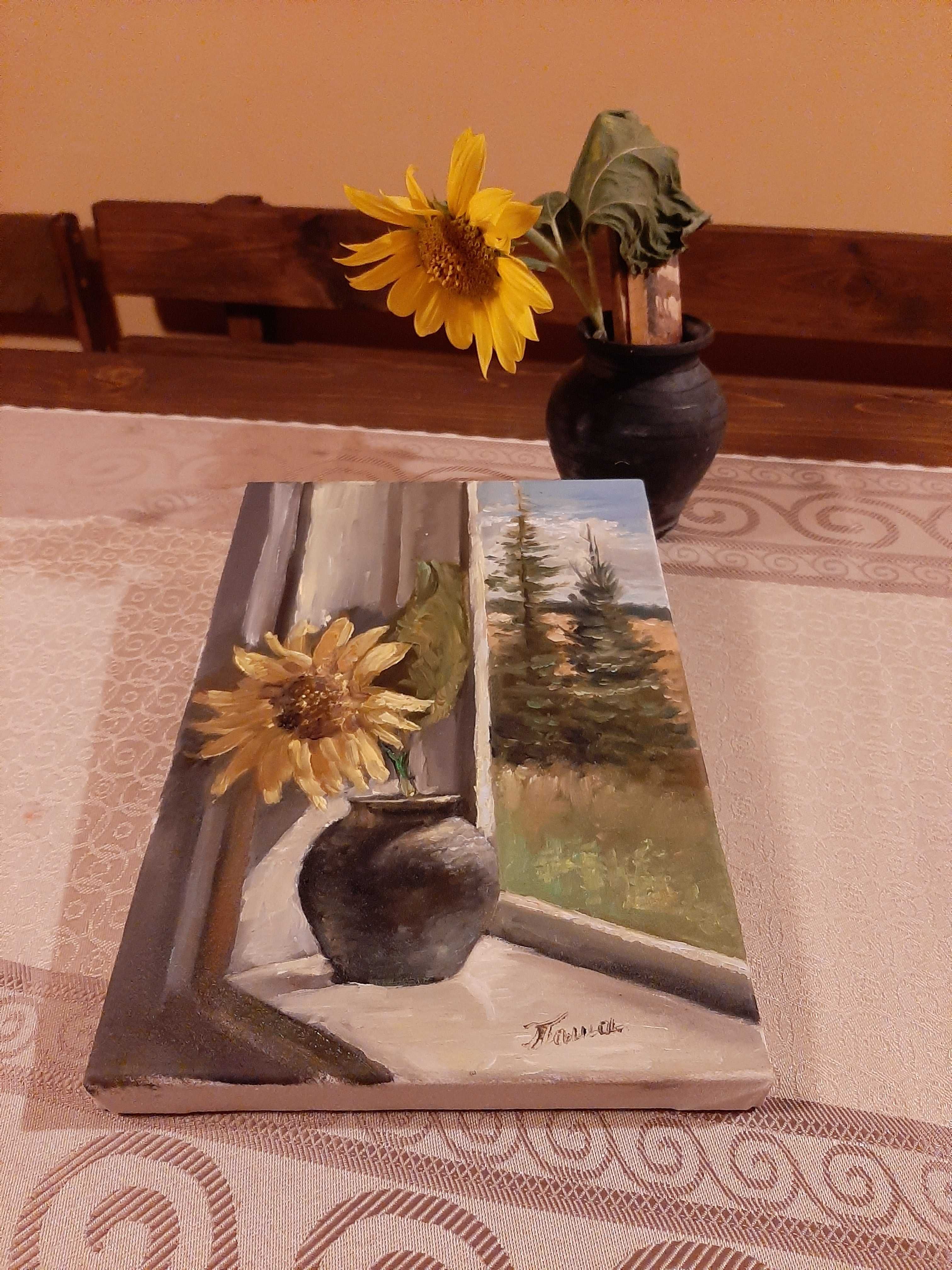 Obraz olejny 20 x 30 cm, ręcznie malowany Słonecznik w oknie