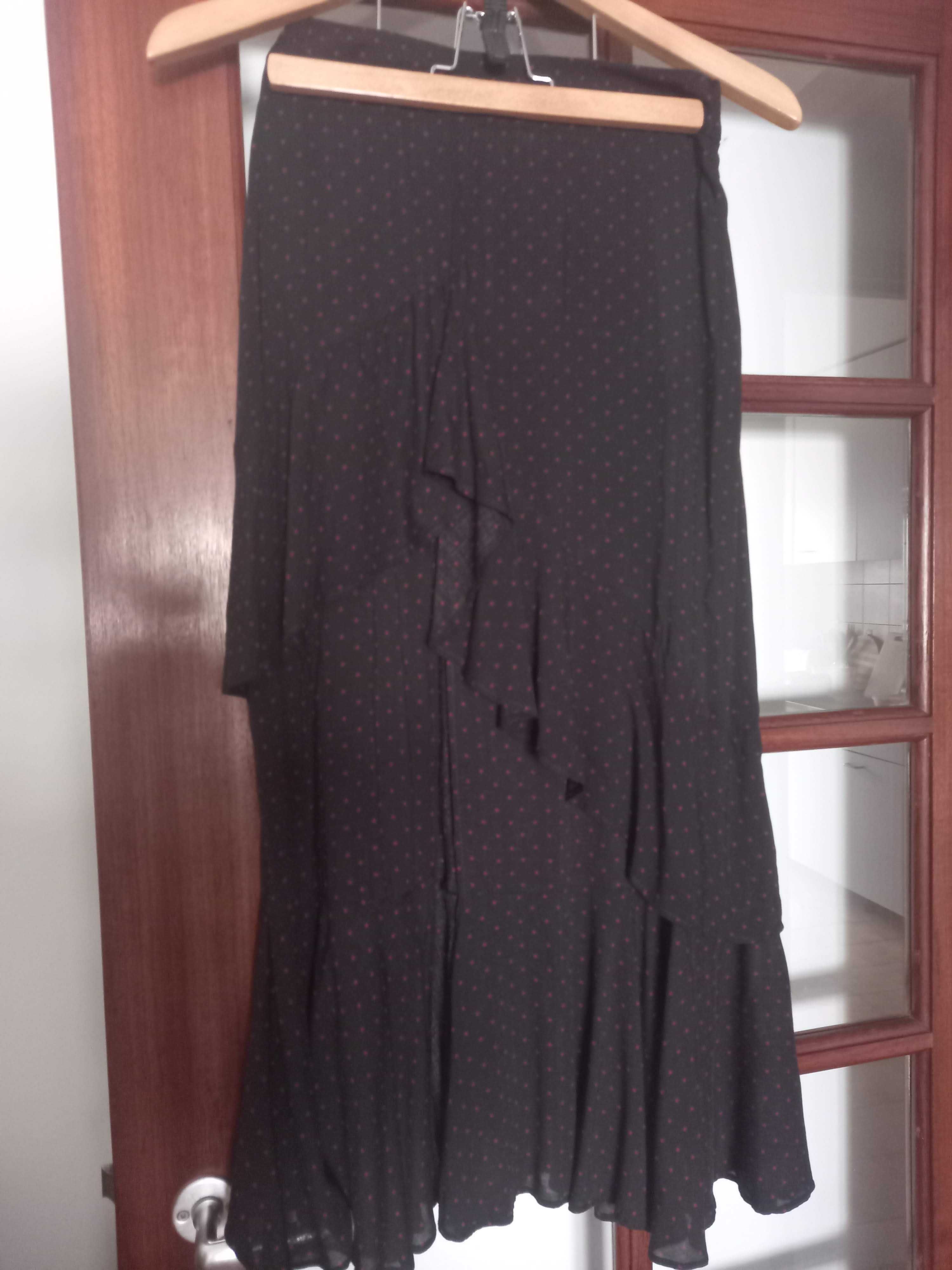 Saia maxi, preta c/bolinhas vermelhas, Zara, Tam XS