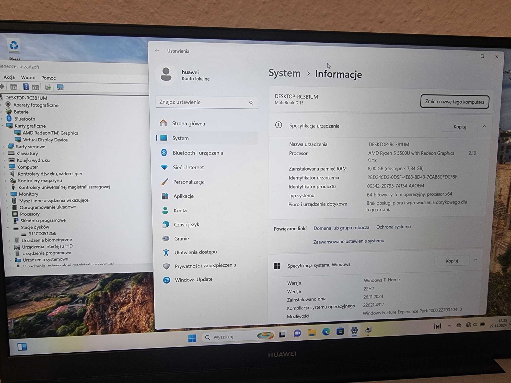 Laptop Huawei MateBook D15 BoM-WDQ9 ssd AMD win11 ram 8