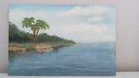 obraz olejny, morze, wyspa i palmy