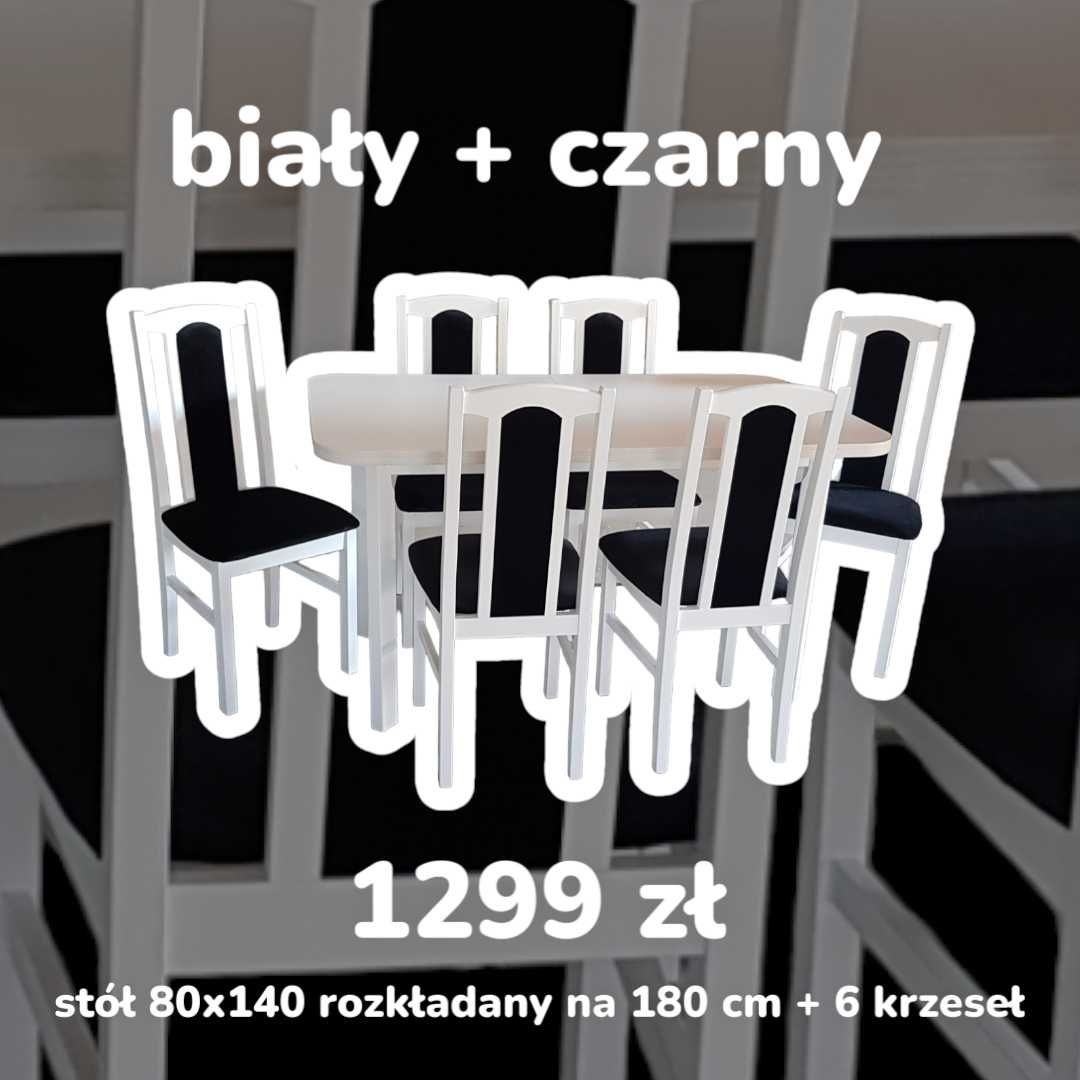 Nowe: Stół 80x140/180 + 6 krzeseł, biały + czarny , dostawa cała PL