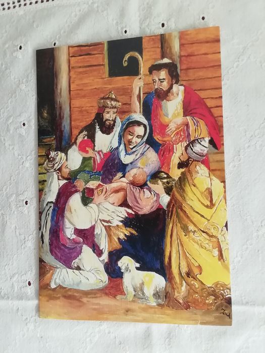 Postal de Natal, pintado com a boca, escrito