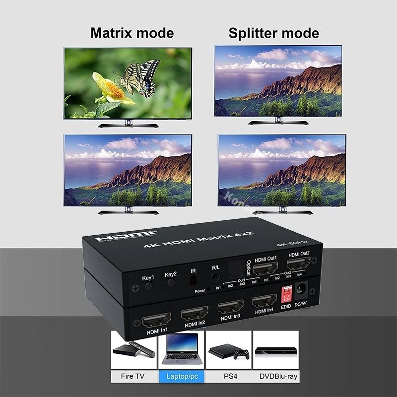 HDMI переключатель NATRIX 4*2. Коммутатор 4К,60 Гц. Сплиттер, DTS 5.1