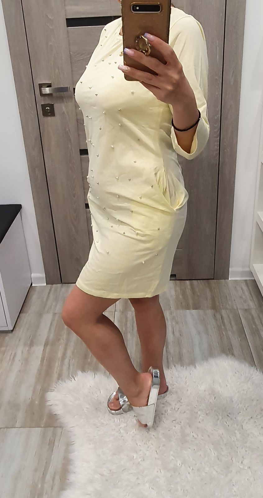 Sukienka żółta cyrkonie Kieszenie S/M