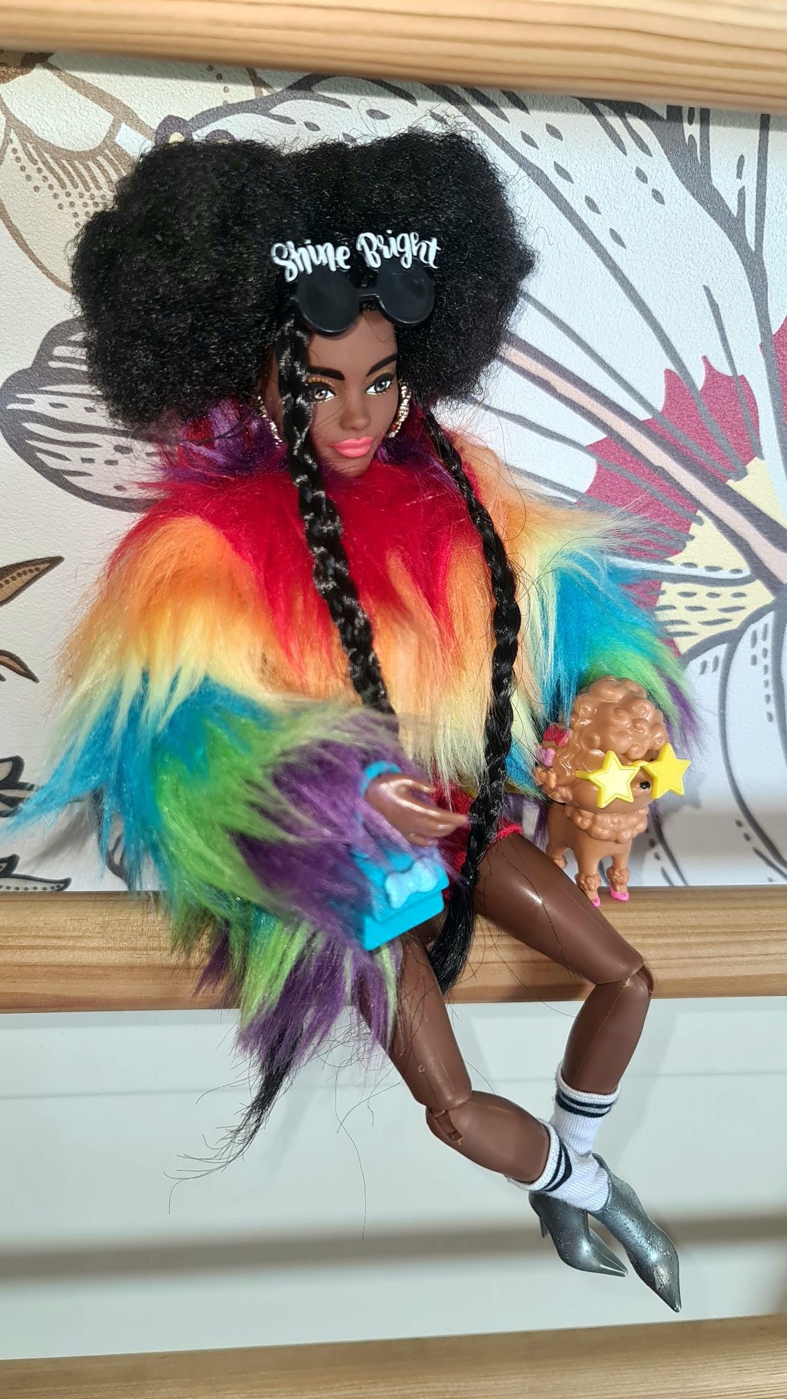 Barbie Lalka Tęczowy Płaszcz z Pudlem Brunetka Afro i Plecione Warkocz