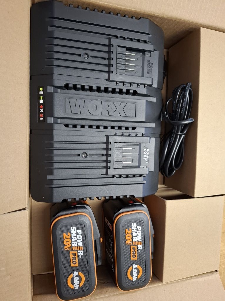 Worx ładowarka podwójna WA3883 + 2x akumulator 20V 4.0 Ah PowerShare P