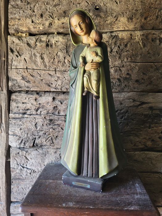 Stara sygnowana figura Matki Bożej Maryja z dzieciątkiem Jezus