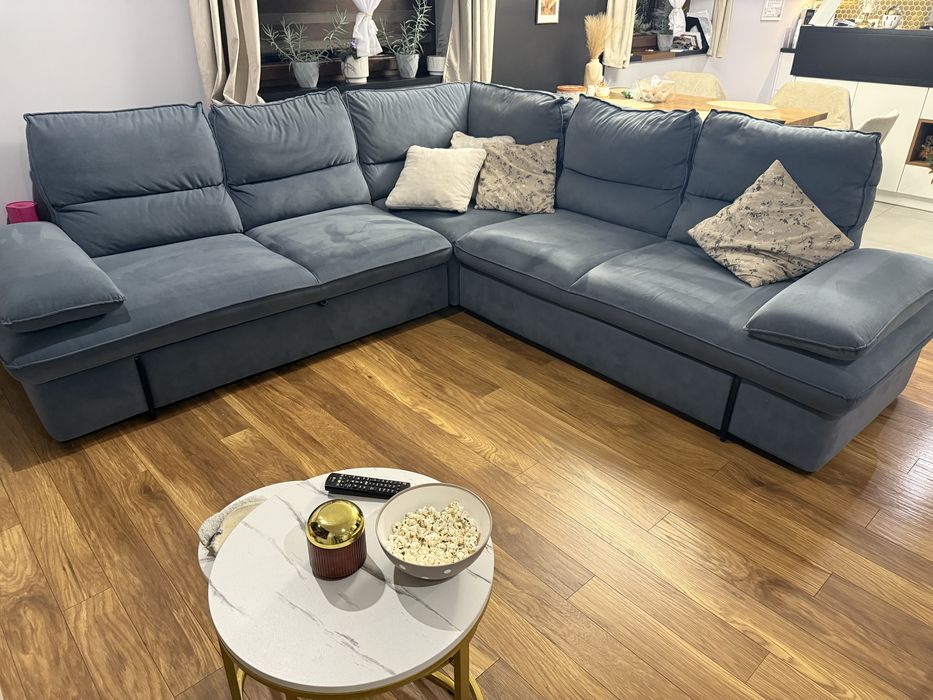 Narożnik granatowy wygodny Agata Schowek funkcja spania