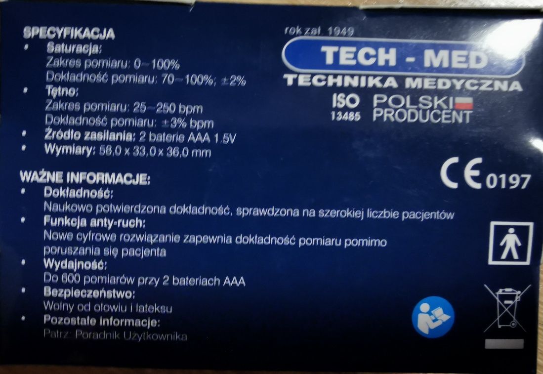 Pulsoksymetr, Saturacja, Sp O2, TECH-MED, TM-PX30, Polski Producent