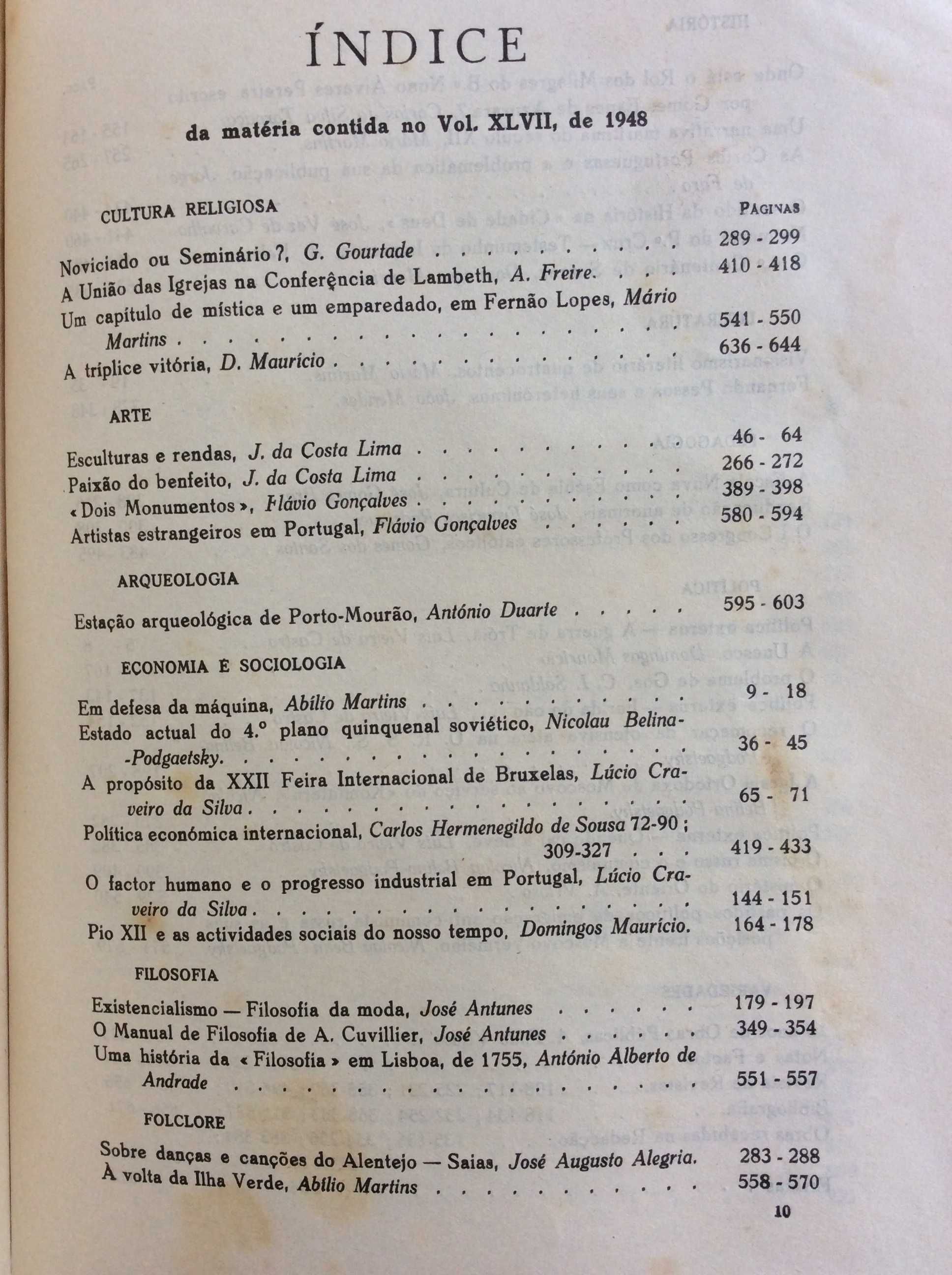 Brotéria - Revista de cultura contemp. Volume XLVII, 1948. Ver índices