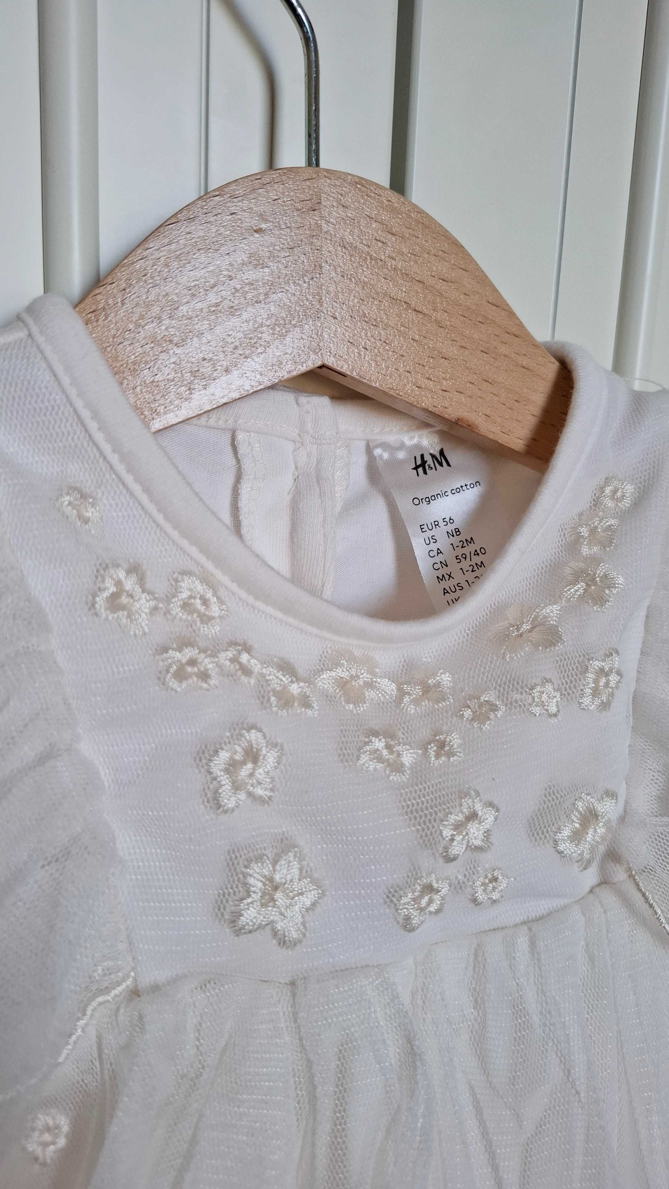 Sukienka chrzest chrzciny ecru krem 56 H&M koronka haft krótki rękaw