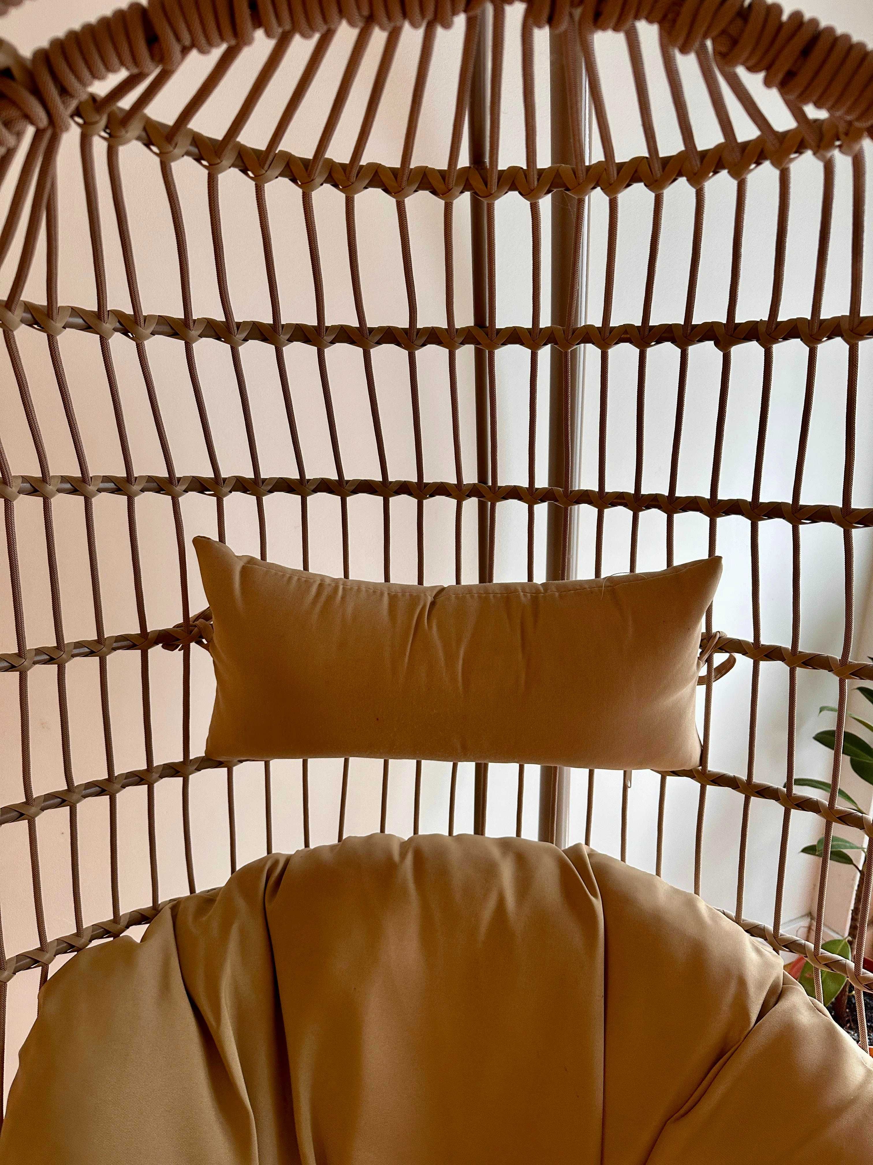 Hanging swing chair with beige/brown structure & cushions