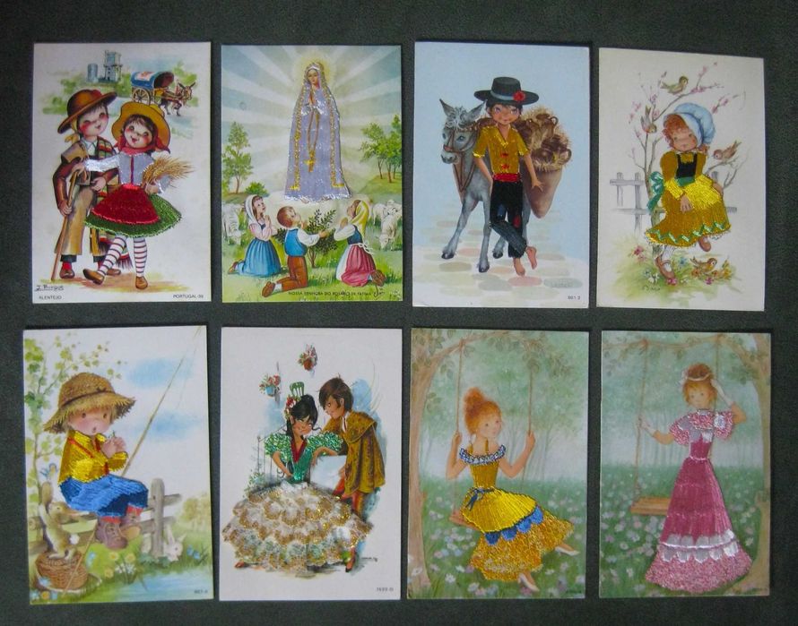 Conjunto de 8 Bilhetes Postais Bordados Espanha / Portugal