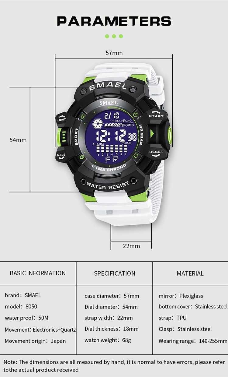 Zegarek sportowy SMEAL model 8050 koloru biało czarno zielony