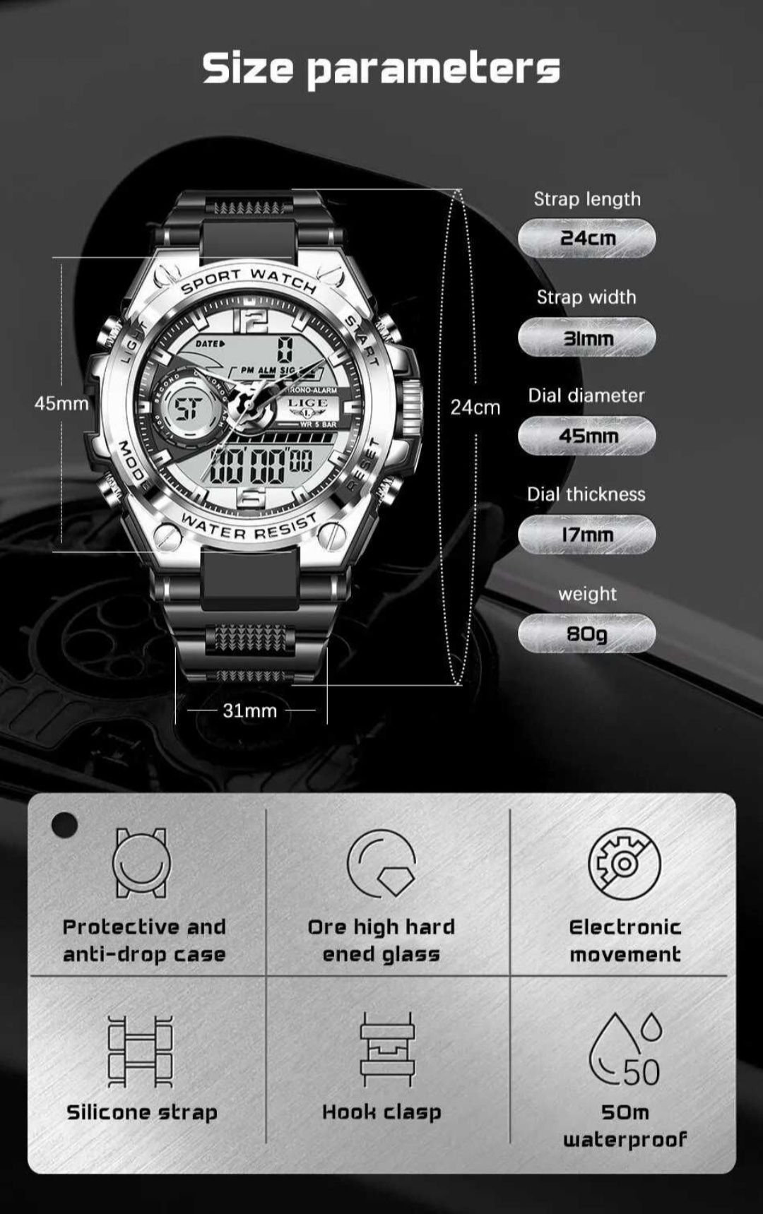 LIGE годинник чоловічий цифровий + кварцовий на Подарок